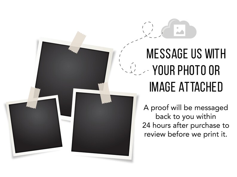 K&ouml;nnte beinhalten: Drei schwarze quadratische Fotorahmen mit wei&szlig;en R&auml;ndern sind auf einem wei&szlig;en Hintergrund befestigt. Der Text "MESSAGE US WITH YOUR PHOTO OR IMAGE ATTACHED" wird zusammen mit einem Wolkensymbol angezeigt. Zus&auml;tzlicher Text besagt, dass ein Proof innerhalb von 24 Stunden zur&uuml;ckgeschickt wird.