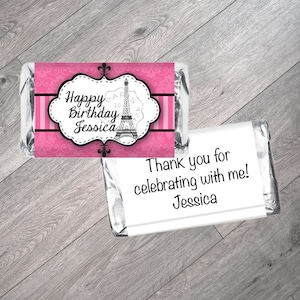 Set of 42 - Paris Theme Birthday Mini Candy Bar Labels - Paris Wrappers for Miniature Chocolates - Paris Sticker Birthday Favors - We Print