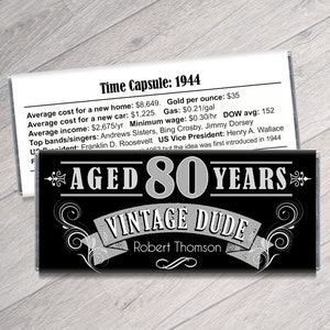 May include: A black and white chocolate bar wrapper with the text "Aged 80 Years Vintage Dude" and the name "Robert Thomson". The wrapper also includes a time capsule of facts from the year 1944.