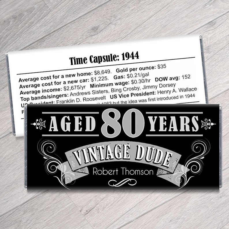 May include: A black and white chocolate bar wrapper with the text "Aged 80 Years Vintage Dude" and the name "Robert Thomson". The wrapper also includes a time capsule of facts from the year 1944.