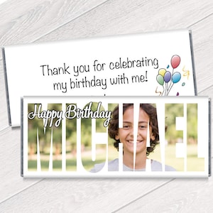 Personalized Photo with Name Cutout Candy Bar Wrappers - Photo Personalized Boy Birthday Party Favors - Candy Wrapper with Photo - Set of 12