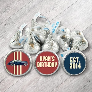 Set of 108 - Red Retro Car Stickers for Hershey&#39;s Kisses. Vintage Car Birthday Kiss Labels - Car Themed Birthday Party Favors #IDBB145