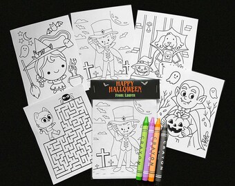 5 Halloween Coloring Pages w/4 Crayons. Personalize the Bag Topper. Great Halloween Favors