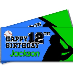 May include: Blue and green baseball-themed chocolate bar wrapper with the text "Happy 12th Birthday Jackson".