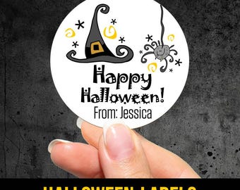 2" or 3" Round Label Personalized Witch and Spider Halloween Stickers, Halloween Favor Bag Labels, Labels for Halloween Goodie Bags