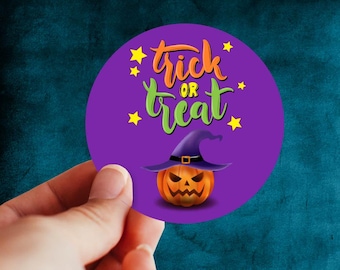 2" or 3" Round Label Tick or Treat Spooky Pumpkin Halloween Stickers, Halloween Favor Bag Labels, Labels for Halloween Goodie Bags