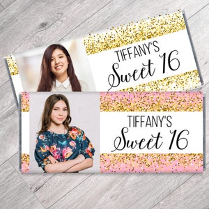 May include: Two chocolate bar wrappers with a pink and gold glitter design. The wrappers feature a photo of a young woman and the text "Tiffany's Sweet 16".