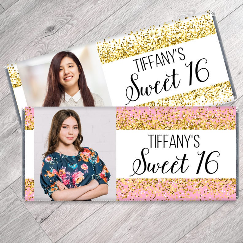 Sweet 16 Gold or Pink and Gold Candy Bar Wrappers With Photo ...