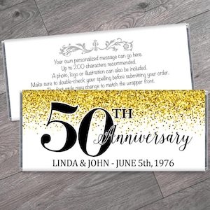 Set of 12 - Gold Wedding Anniversary Candy Bar Wrappers - Any Year 20th, 30th, 40th, 50th. Glitter Wedding Anniversary Party Favors