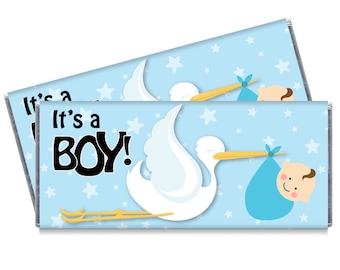 Stork Candy Bar Wrappers - Boy Baby Shower Candy Bar Wrappers - Stork Shower Favors - #IDGBS403