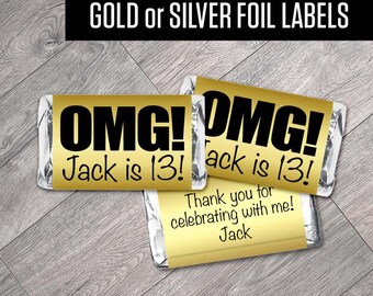 Personalized Gold or Silver Foil Labels: Milestone Mini Candy Wrappers (Set of 42)