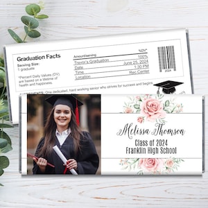 We Print - Floral Graduation Photo Personalized Graduation Candy Bar Wrappers - Grad Party Favors - Chocolate Graduation Favors - Set of 12