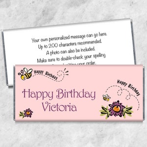 We Print - Birthday Bees and Flowers Themed Candy Bar Wrappers - Girl Birthday Party Favors - Personalized Candy Bar Wrappers - Set of 12