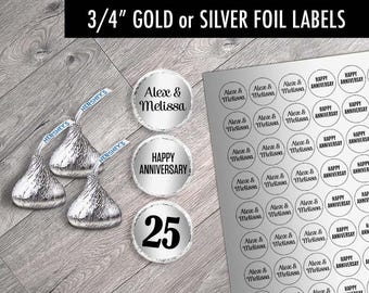 Anniversary Hershey Kiss Labels: Gold or Silver Foil Stickers for Kisses, Reeses, Set of 108