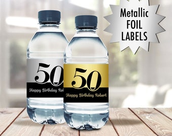 We Print 50th, 60th, 70th Birthday, any age, Gold or Silver Metallic Foil Water Bottle Labels - 2 x 8 Water Bottle Stickers - Set of 10