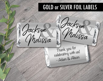 Personalized Silver or Gold Metallic Foil Labels - Wedding Mini Candy Bar Labels - Wedding Favors - Metallic Foil Stickers - Set of 42