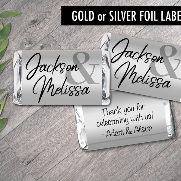 Personalized Silver or Gold Metallic Foil - Wedding Mini Candy Bar Labels - Wedding Favors - Metallic Foil Stickers - Set of 42