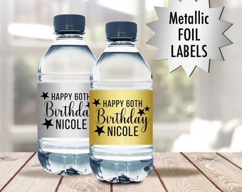 We Print Birthday Script with Stars Gold or Silver Metallic Foil Birthday Water Bottle Labels - 2 x 8 Bottle Stickers Favors - Set of 10