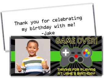 Set of 12 - Game Over Thanks for Playing Candy Bar Wrappers - Gaming Birthday Party Favors - Boy Gaming Wrappers with Photo