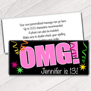 OMG Girl&#39;s Birthday Personalized Candy Bar Wrappers - OMG Personalized Party Favors - OMG Candy Bar Wrappers - Set of 12