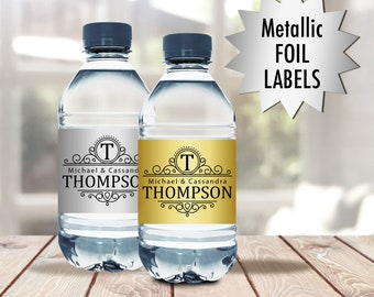 Printed Silver or Gold Foil Monogram Illustration Wedding Water Bottle Labels - 2 x 8 Water Bottle Stickers - Wedding Favors - Set of 10