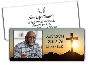 Memorial Candy Bar Wrappers With Cross and Photo - Personalized Celebration of Life Wrappers - Funeral Favors - Set of 12