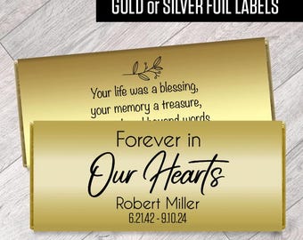 Personalized Memorial Candy Bar Wrappers: Gold or Silver Foil (Set of 12)