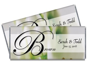 Set of 12 - Personalized White Tulip Monogram Wedding Candy Bar Wrappers - Chocolate Wedding Favors