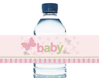 Pink with Butterlies Baby Shower Water Bottle Labels - Stickers for Baby Shower Water Bottles - Baby Shower Favors - Set of 10