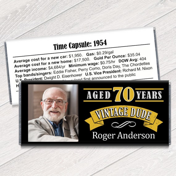 Vintage Dude Candy Bar Wrappers with Photo - Vintage Adult Milestone Favors 40th, 50th, 60th, 70th, 80th Any Age - Set of 12