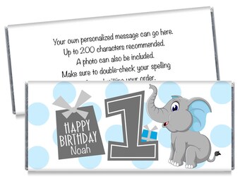 Personalized Elephant 1st Birthday Candy Bar Wrappers - Elephant Birthday Favors - Any age, change the name - Set of 12