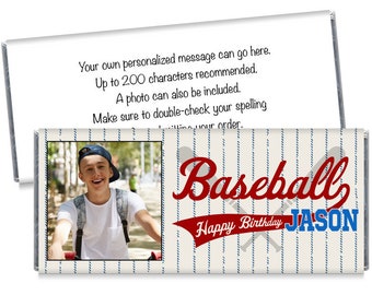 Set of 12 - Retro Baseball Candy Bar Wrappers with Photo - Personalized Baseball Birthday Party Favors - Great Baseball Team Favors