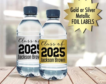 Class of 2026 Graduate Silver or Gold Foil Graduation Water Bottle Labels with Name, 2 x 8 Stickers for Water Bottles - Set of 10