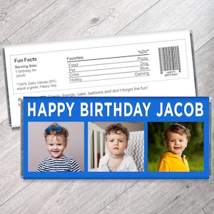 3 Photo Birthday Candy Bar Wrappers - Personalized Chocolate Birthday Party Favors - Personalized Candy Bar Wrappers - Set of 12