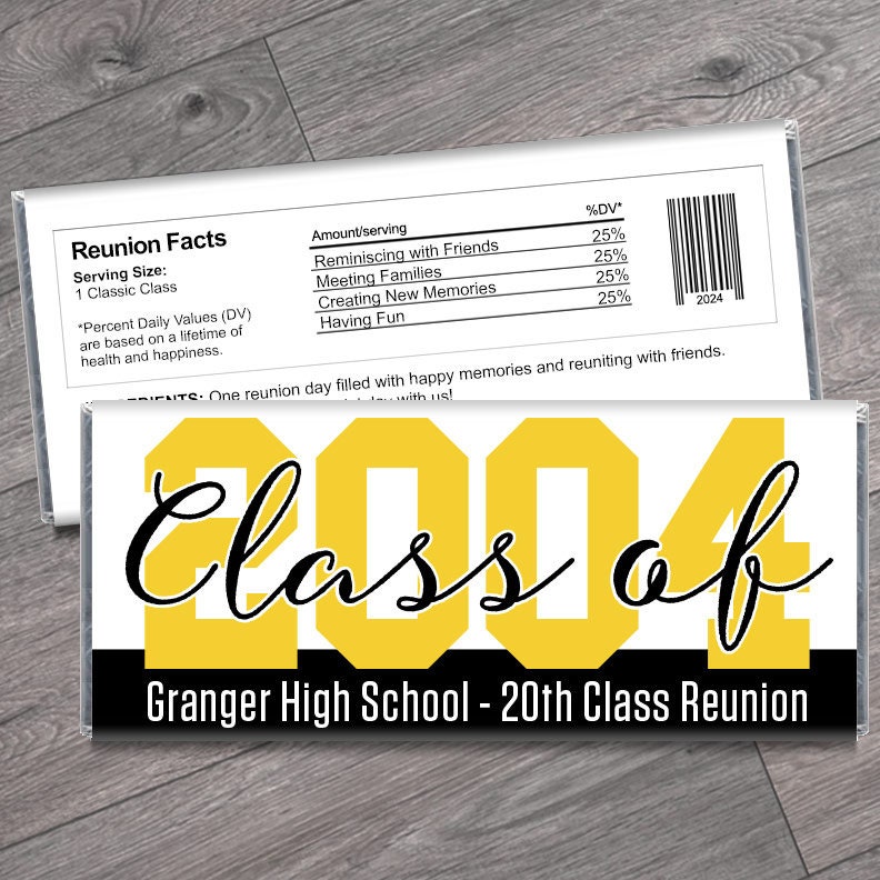 We Print - Any Year or Color - High School or College Reunion Candy Bar Wrappers - Personalized Reunion Candy Favors - Set of 12