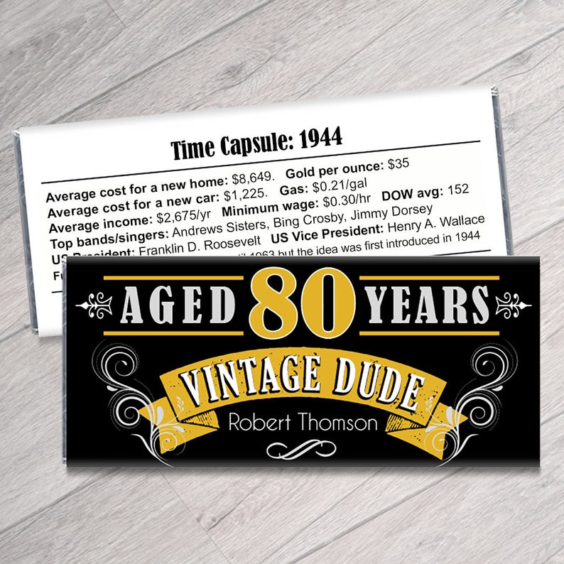 May include: A black and gold chocolate bar wrapper with the text "Aged 80 Years Vintage Dude" and the name "Robert Thomson". The wrapper also includes a time capsule of facts from the year 1944.