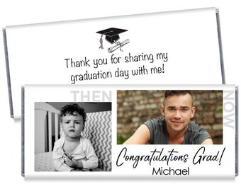 Then and Now Child and Current Photo Wrappers - 2 Photo Personalized Photo Graduation Candy Bar Wrappers - Grad Party Favors - Set of 12