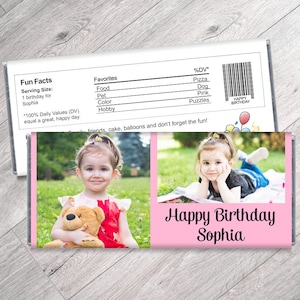 We Print - 2 Photo Birthday Candy Bar Wrappers - Girls Personalized Birthday Party Favors with Photo - Set of 12