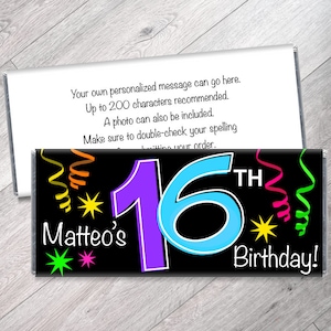 We print - 13th, 16th, 18th, any age, Streamers Birthday Candy Bar Wrappers - Personalized Milestone Wrappers for Chocolate - Set of 12
