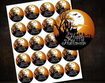 2" or 3" Round Haunted Hill Halloween Labels, Halloween Favor Bag Labels, Labels for Halloween Goodie Bags