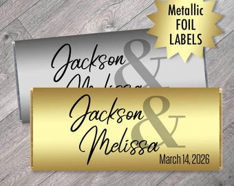 Personalized Silver or Gold Metallic Foil Labels for Chocolate with Large Names, Wedding Candy Bar Stickers - Wedding Metallic Foil Stickers