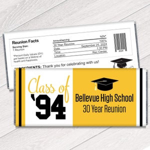 We Print - Class of 86, 96, any year, any color - Reunion Candy Bar Wrappers - Personalized 10th 20th 30th Reunion Favors - Set of 12