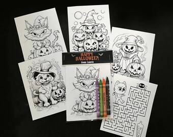 5 Halloween Coloring Pages with 4 Crayons and Personalized Bag Topper - Great Halloween Favors