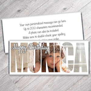 We Print - Girl Cutout Name with Photo Candy Bar Wrappers - Girls Personalized Birthday Party Favors with Photo - Set of 12