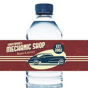 Personalized Mechanic Shop Car Water Bottle Labels. Car Party Decorations. Car Water Bottle Stickers - Set of 10