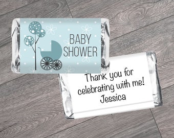 Baby Shower Mini Candy Bar Wrappers - Blue Carriage Labels for Miniature Chocolates - Baby Shower Stickers for Chocolate - Set of 42