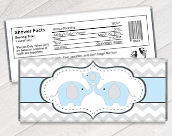 Blue and Gray Elephant Baby Shower Candy Bar Wrappers - Chevron Elephant Baby Shower Favors - #IDGBS400 - Set of 12