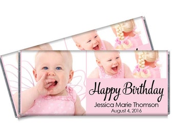 Birthday Candy Bar Wrappers with Photos - Girls Personalized Birthday Party Favors with Photo - Set of 12
