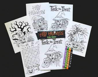 5 Halloween Coloring Pages w/Crayons. Personalize the Top - Halloween Favors, Halloween Hand-outs