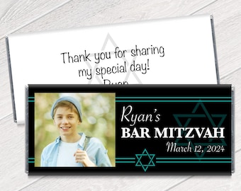 Bar Mitzvah Photo Candy Bar Wrappers, Personalized Photo Bar Mitzvah Party Favors for Chocolate bars - Set of 12